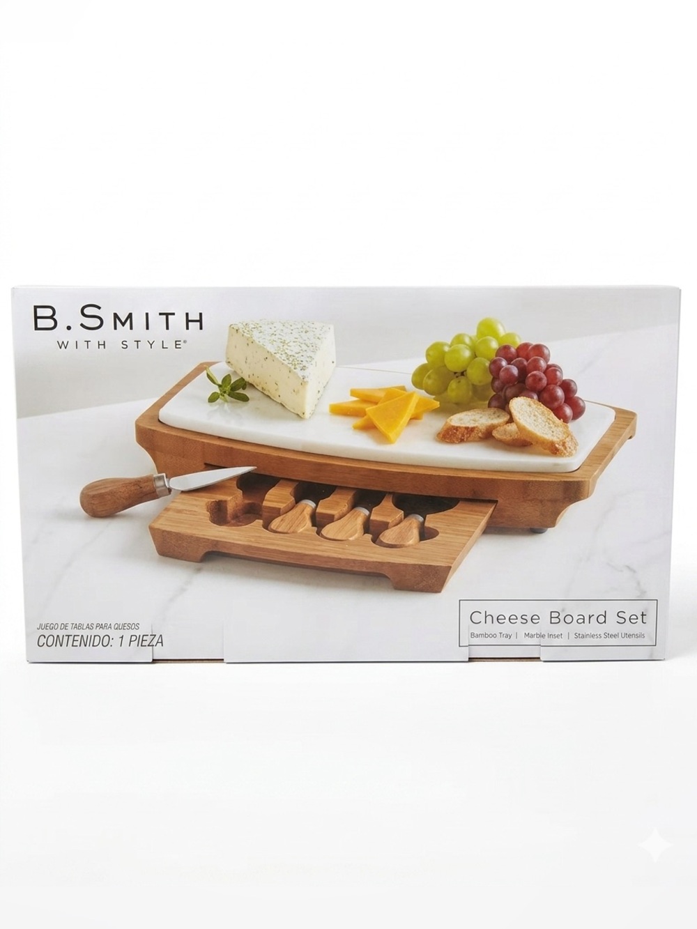 B SMITH Cheese Board with White Marble Top and Natural Bamboo with Utensils